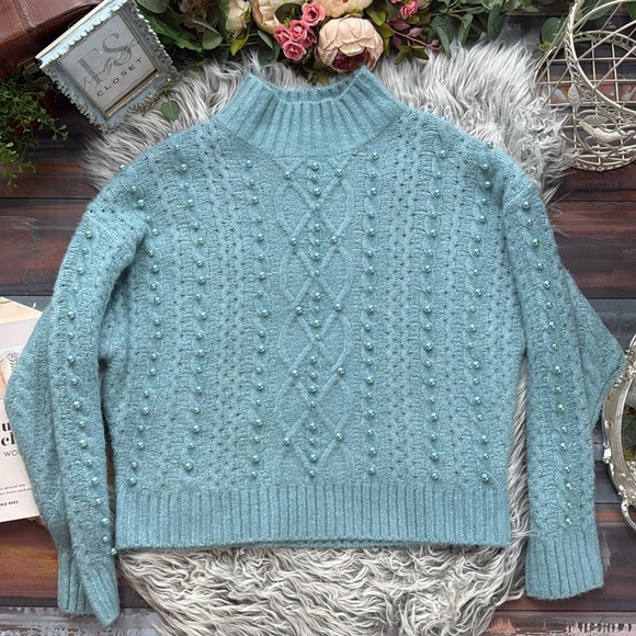 NWT Fate: Just A Thought Pearl Sky Blue Embellished Cable Knit Chunky Sweater - Picture 5 of 12